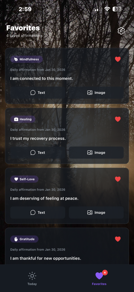 Favorites screen — saved affirmations
